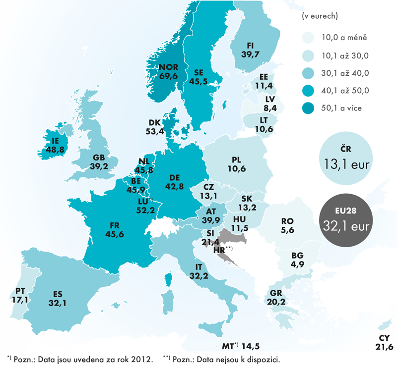 Produktivita práce v EU28 na jednu odpracovanou hodinu, 2013