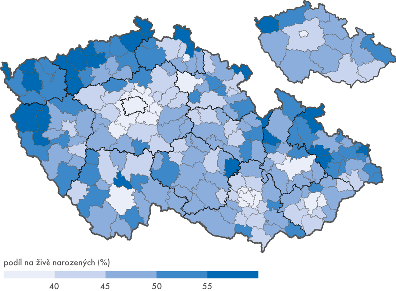 Děti narozené matkám ve věku do 29 let podle SO ORP a krajů, 2016