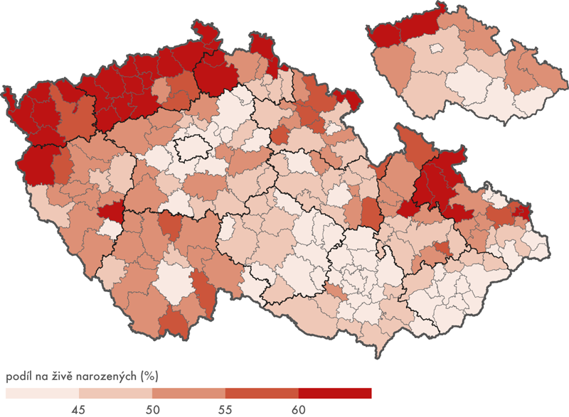 Děti narozené mimo manželství podle SO ORP a krajů, 2016