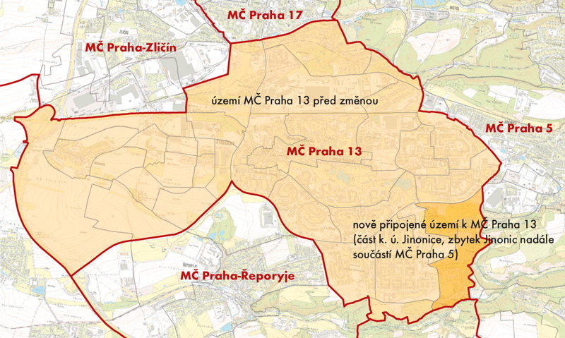 Území, o které se zvětšila MČ Praha 13 na úkor MČ Praha 5 (červeně, stav ZSJ je platný z roku 2001)