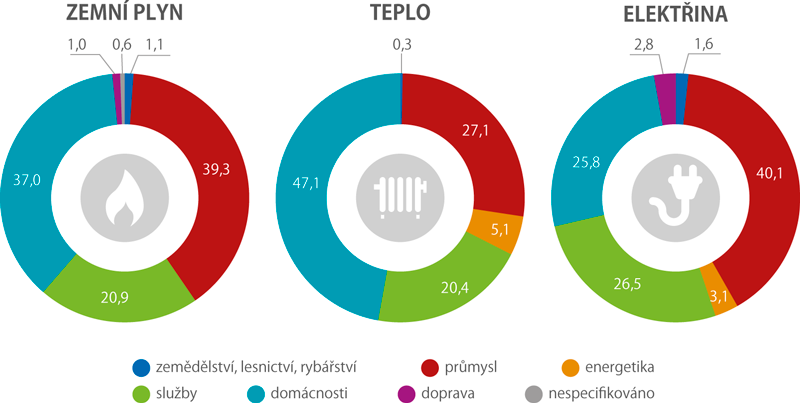 Konečná spotřeba zemního plynu, tepla a elektřiny podle sektorů, 2016 (%)