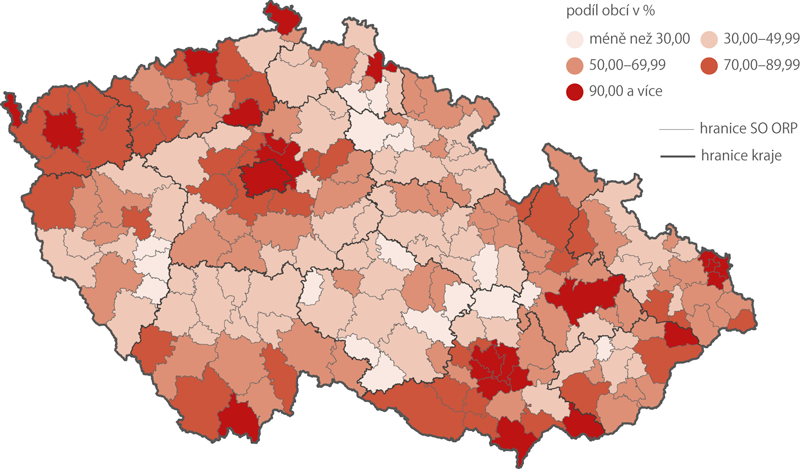 Obce napojené na veřejnou kanalizaci s čistírnou odpadních vod ve správních obvodech obcí s rozšířenou působností v roce 2016