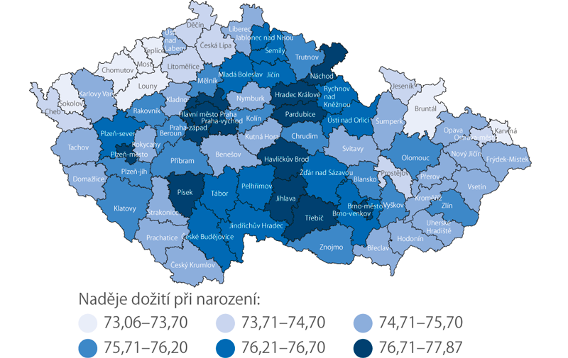 Naděje dožití mužů při narození v okresech v období 2014–2018