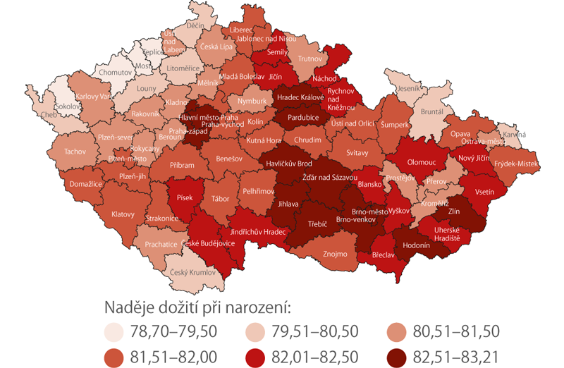 Naděje dožití žen při narození v okresech v období 2014–2018