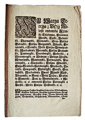 Titulní list patentu císařovny Marie Terezie z 10. března 1770.
